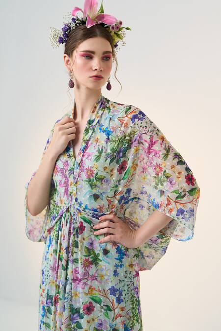 Dania Siddiqui Green Chiffon V-neck Kohana Floral Print Kaftan Online at Aza Fashions Dania Siddiqui_Green Chiffon V-neck Kohana Floral Print Kaftan _Online_at_Aza_Fashions