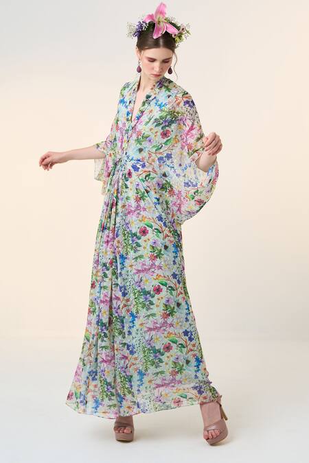 Buy Dania Siddiqui Green Chiffon V-neck Kohana Floral Print Kaftan Online at Aza Fashions Buy_Dania Siddiqui_Green Chiffon V-neck Kohana Floral Print Kaftan _Online_at_Aza_Fashions