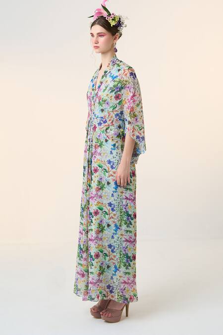 Shop Dania Siddiqui Green Chiffon V-neck Kohana Floral Print Kaftan Online at Aza Fashions Shop_Dania Siddiqui_Green Chiffon V-neck Kohana Floral Print Kaftan _Online_at_Aza_Fashions