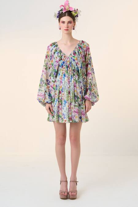 Dania Siddiqui Green Chiffon V-neck Izumi Floral Print Pleated Dress Online at Aza Fashions Dania Siddiqui_Green Chiffon V-neck Izumi Floral Print Pleated Dress _Online_at_Aza_Fashions