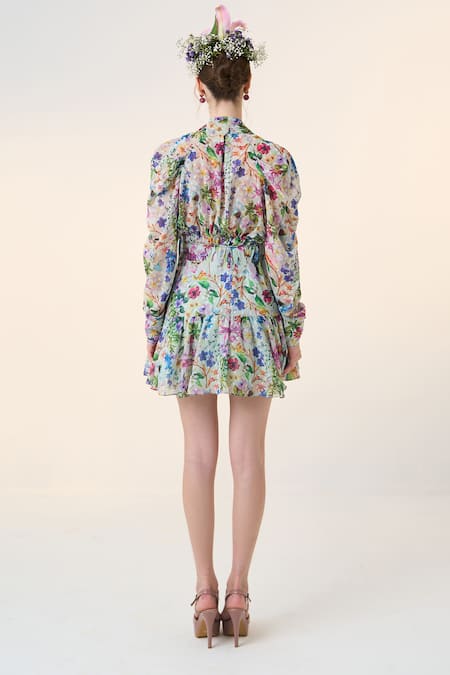 Shop_Dania Siddiqui_Green Chiffon V-neck Naoki Floral Print Top _at_Aza_Fashions