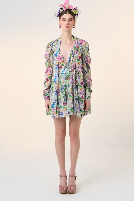 Shop_Dania Siddiqui_Green Chiffon V-neck Naoki Floral Print Top _Online_at_Aza_Fashions