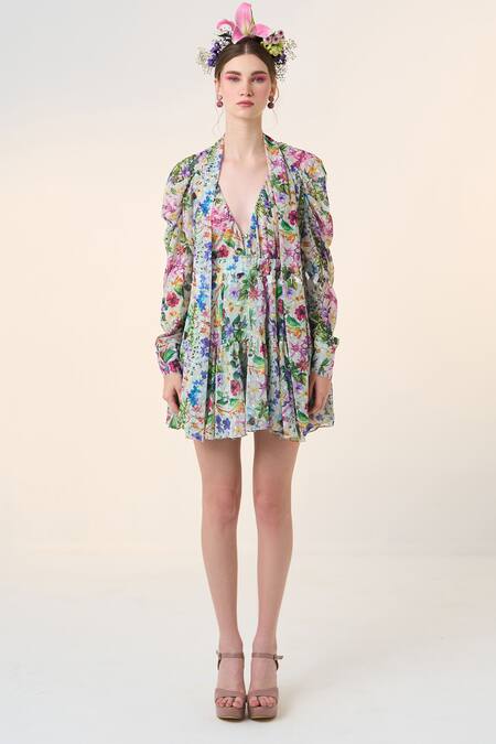 Shop Dania Siddiqui Green Chiffon Naoki Floral Print Skirt Online at Aza Fashions Shop_Dania Siddiqui_Green Chiffon Naoki Floral Print Skirt _Online_at_Aza_Fashions