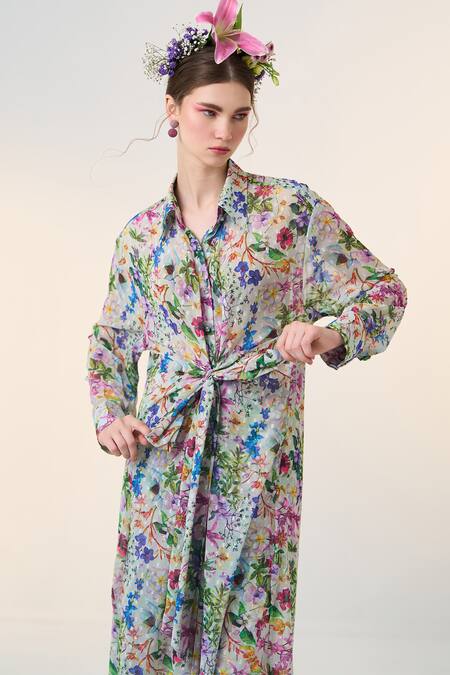 Dania Siddiqui_Green Chiffon Embroidery Collared Sayuri Floral Print Tunic _Online_at_Aza_Fashions