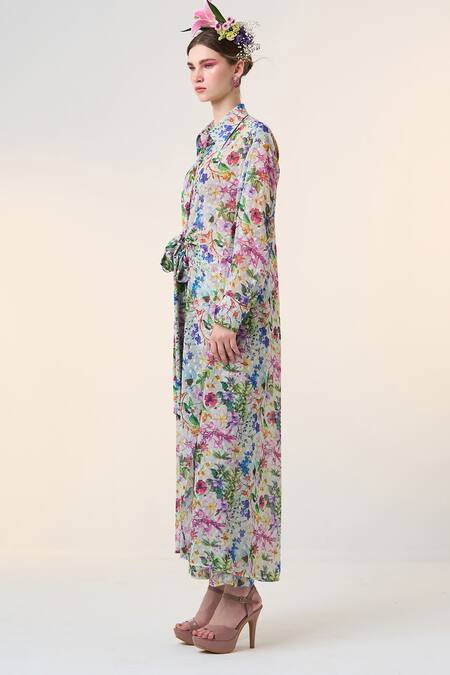 Shop_Dania Siddiqui_Green Chiffon Embroidery Collared Sayuri Floral Print Tunic _Online_at_Aza_Fashions