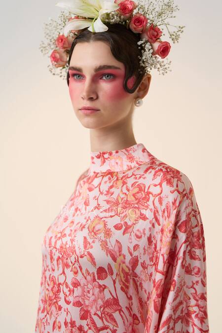 Dania Siddiqui Red Satin Fringe Round Neck Sakura Floral Print Kaftan Online at Aza Fashions Dania Siddiqui_Red Satin Fringe Round Neck Sakura Floral Print Kaftan _Online_at_Aza_Fashions