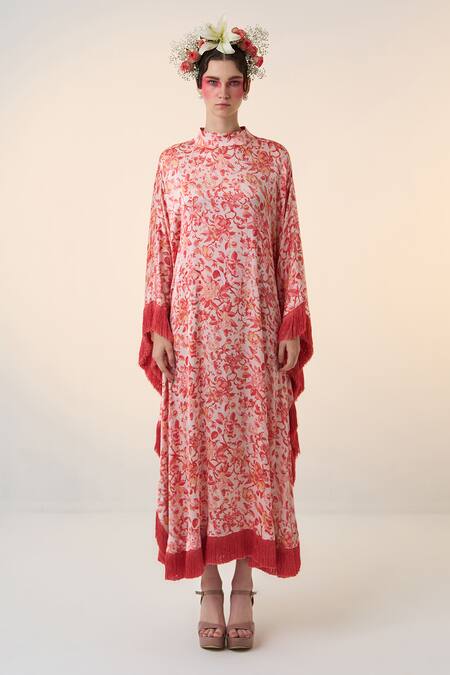 Buy Dania Siddiqui Red Satin Fringe Round Neck Sakura Floral Print Kaftan Online at Aza Fashions Buy_Dania Siddiqui_Red Satin Fringe Round Neck Sakura Floral Print Kaftan _Online_at_Aza_Fashions