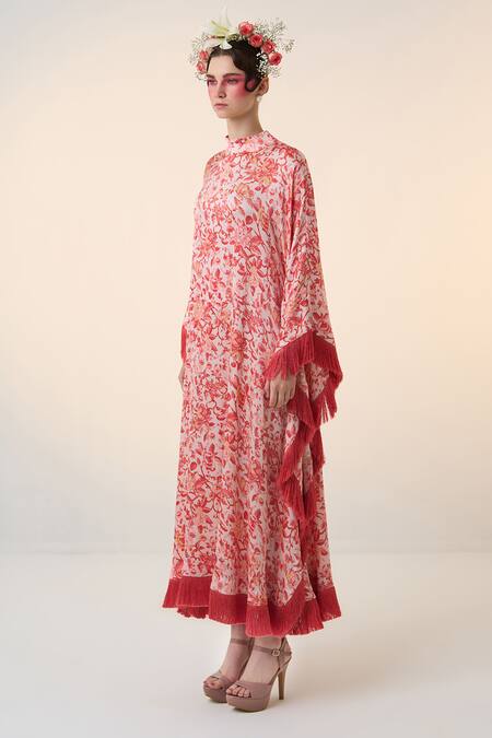 Shop Dania Siddiqui Red Satin Fringe Round Neck Sakura Floral Print Kaftan Online at Aza Fashions Shop_Dania Siddiqui_Red Satin Fringe Round Neck Sakura Floral Print Kaftan _Online_at_Aza_Fashions