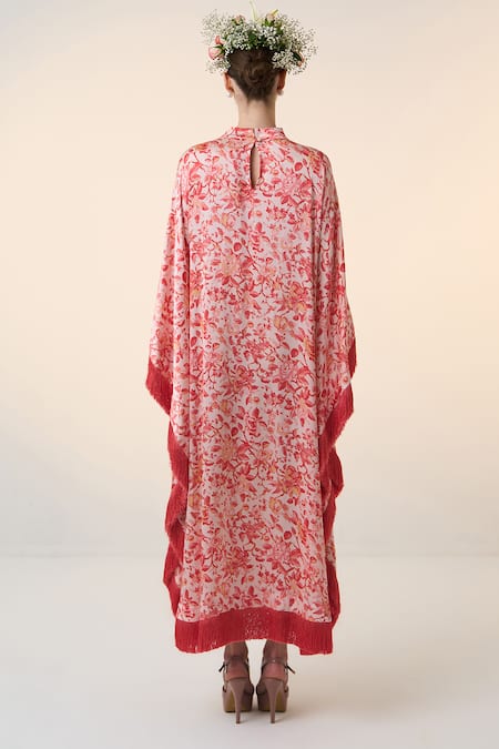 Shop Dania Siddiqui Red Satin Fringe Round Neck Sakura Floral Print Kaftan at Aza Fashions Shop_Dania Siddiqui_Red Satin Fringe Round Neck Sakura Floral Print Kaftan _at_Aza_Fashions