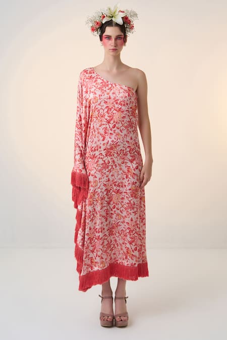 Dania Siddiqui Red Satin Print Floral Asymmetric Neck Sora Kaftan 