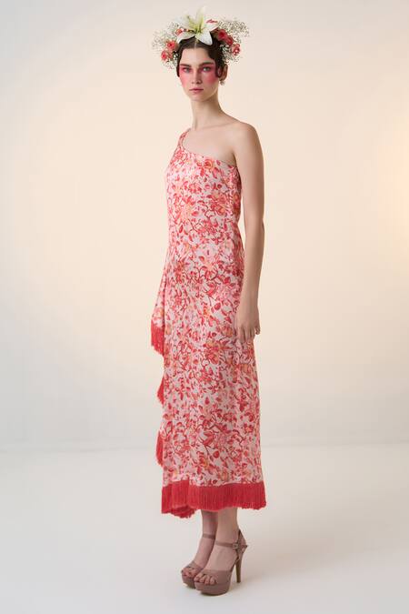 Shop Dania Siddiqui Red Satin Fringe Asymmetric Sora Floral Print Kaftan Online at Aza Fashions Shop_Dania Siddiqui_Red Satin Fringe Asymmetric Sora Floral Print Kaftan _Online_at_Aza_Fashions