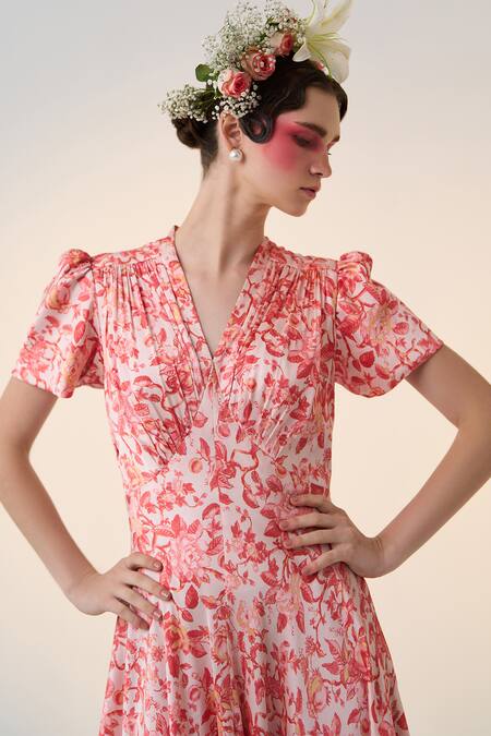 Dania Siddiqui Red Satin V-neck Ume Floral Print Dress Online at Aza Fashions Dania Siddiqui_Red Satin V-neck Ume Floral Print Dress _Online_at_Aza_Fashions