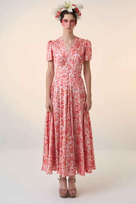 Buy Dania Siddiqui Red Satin V-neck Ume Floral Print Dress Online at Aza Fashions Buy_Dania Siddiqui_Red Satin V-neck Ume Floral Print Dress _Online_at_Aza_Fashions