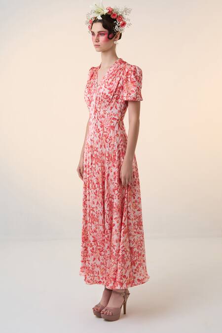 Shop Dania Siddiqui Red Satin V-neck Ume Floral Print Dress Online at Aza Fashions Shop_Dania Siddiqui_Red Satin V-neck Ume Floral Print Dress _Online_at_Aza_Fashions