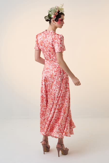 Shop Dania Siddiqui Red Satin V-neck Ume Floral Print Dress at Aza Fashions Shop_Dania Siddiqui_Red Satin V-neck Ume Floral Print Dress _at_Aza_Fashions