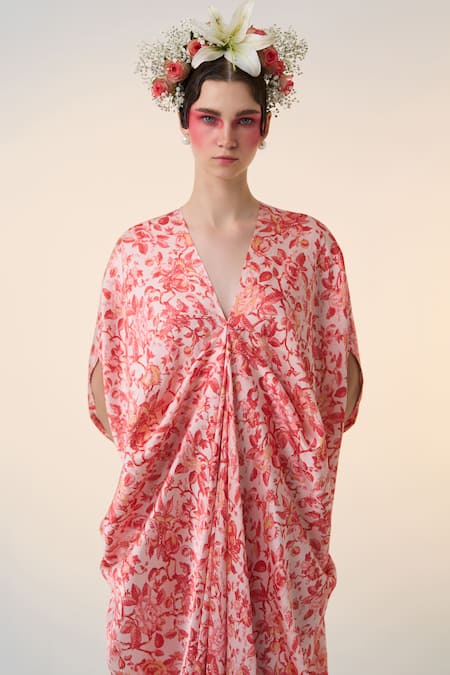 Dania Siddiqui Red Satin Stones V-neck Sen Floral Print Kaftan Online at Aza Fashions Dania Siddiqui_Red Satin Stones V-neck Sen Floral Print Kaftan _Online_at_Aza_Fashions