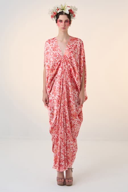 Buy Dania Siddiqui Red Satin Stones V-neck Sen Floral Print Kaftan Online at Aza Fashions Buy_Dania Siddiqui_Red Satin Stones V-neck Sen Floral Print Kaftan _Online_at_Aza_Fashions