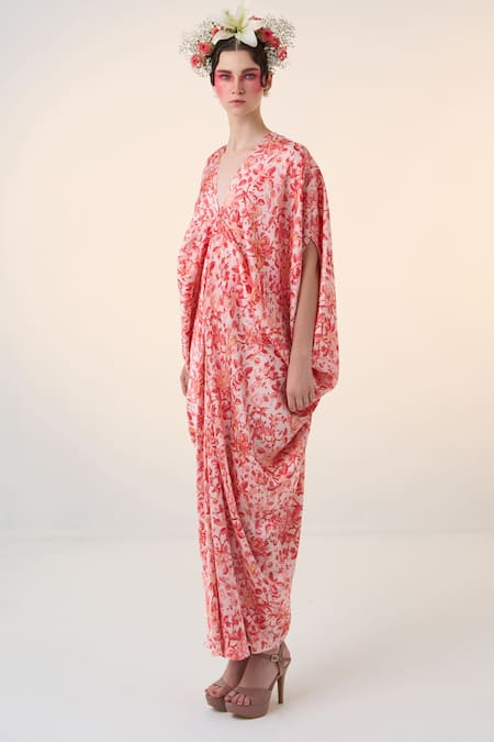 Shop Dania Siddiqui Red Satin Stones V-neck Sen Floral Print Kaftan Online at Aza Fashions Shop_Dania Siddiqui_Red Satin Stones V-neck Sen Floral Print Kaftan _Online_at_Aza_Fashions