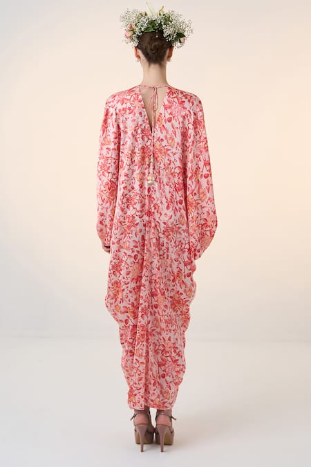 Shop Dania Siddiqui Red Satin Stones V-neck Sen Floral Print Kaftan at Aza Fashions Shop_Dania Siddiqui_Red Satin Stones V-neck Sen Floral Print Kaftan _at_Aza_Fashions