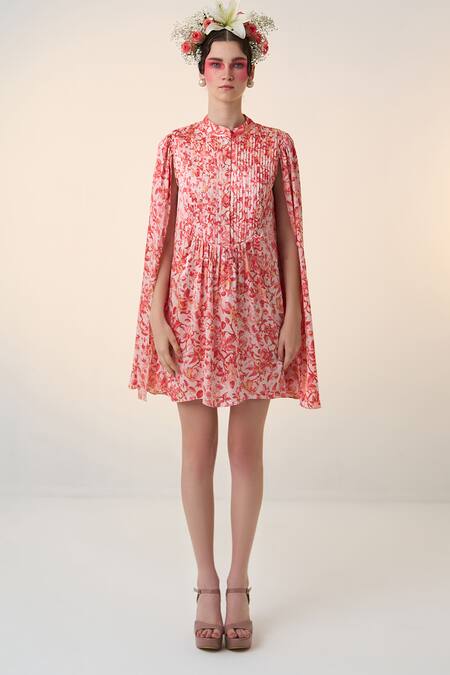 Buy_Dania Siddiqui_Red Satin Mandarin Collar Rio Floral Print Dress _Online_at_Aza_Fashions