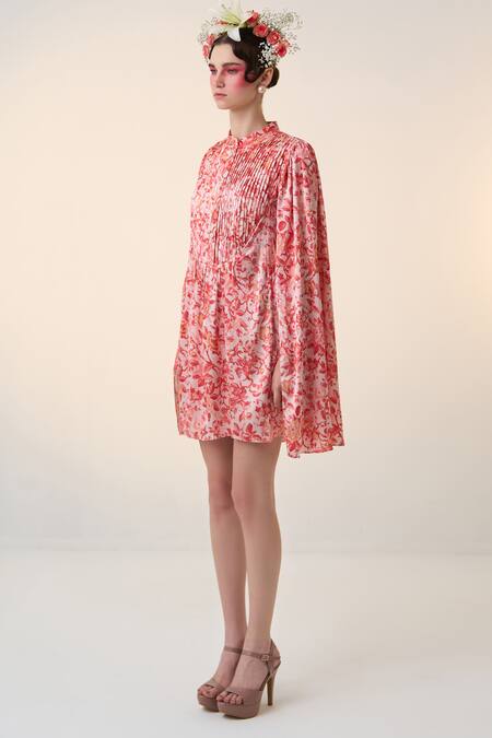 Shop_Dania Siddiqui_Red Satin Mandarin Collar Rio Floral Print Dress _Online_at_Aza_Fashions