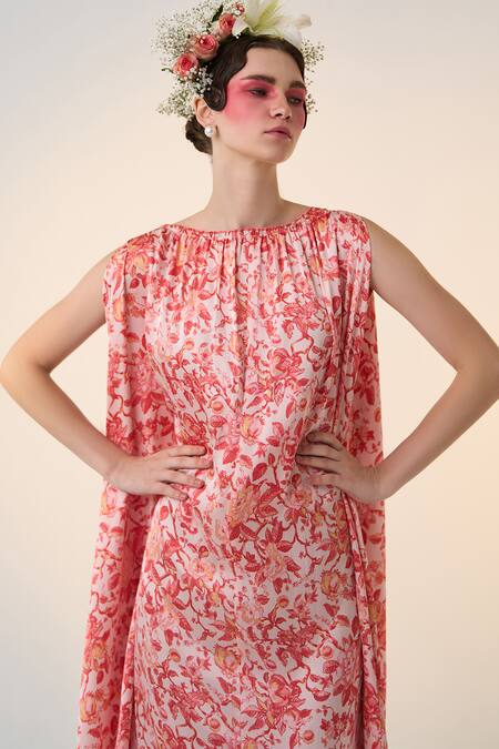 Dania Siddiqui Red Satin Boat Neck Luna Floral Print Kaftan Online at Aza Fashions Dania Siddiqui_Red Satin Boat Neck Luna Floral Print Kaftan _Online_at_Aza_Fashions