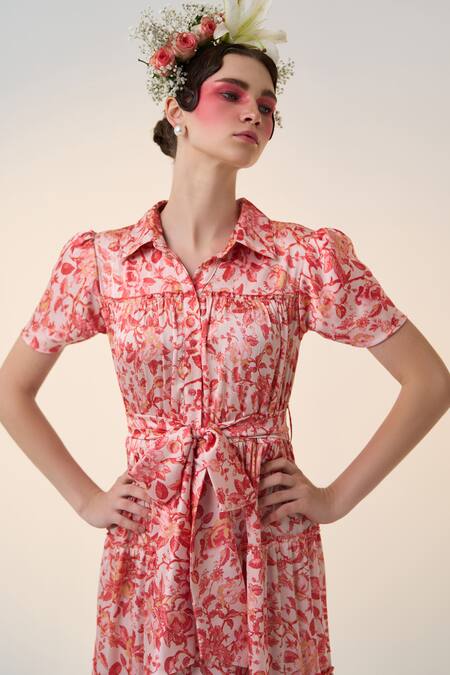 Dania Siddiqui Red Satin Collared Saki Floral Print Dress Online at Aza Fashions Dania Siddiqui_Red Satin Collared Saki Floral Print Dress _Online_at_Aza_Fashions