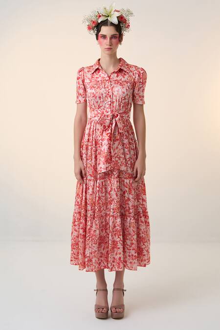 Buy Dania Siddiqui Red Satin Collared Saki Floral Print Dress Online at Aza Fashions Buy_Dania Siddiqui_Red Satin Collared Saki Floral Print Dress _Online_at_Aza_Fashions