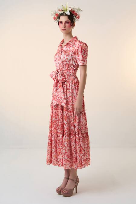 Shop Dania Siddiqui Red Satin Collared Saki Floral Print Dress Online at Aza Fashions Shop_Dania Siddiqui_Red Satin Collared Saki Floral Print Dress _Online_at_Aza_Fashions