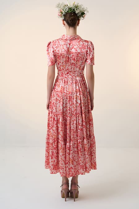 Shop Dania Siddiqui Red Satin Collared Saki Floral Print Dress at Aza Fashions Shop_Dania Siddiqui_Red Satin Collared Saki Floral Print Dress _at_Aza_Fashions