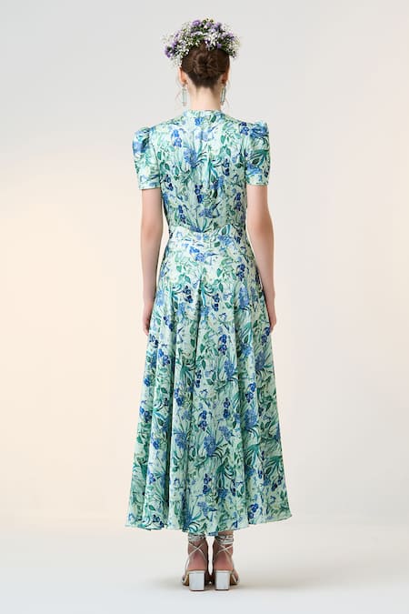 Shop Dania Siddiqui Blue Satin Embroidery V-neck Ruqa Floral Print Dress at Aza Fashions Shop_Dania Siddiqui_Blue Satin Embroidery V-neck Ruqa Floral Print Dress _at_Aza_Fashions