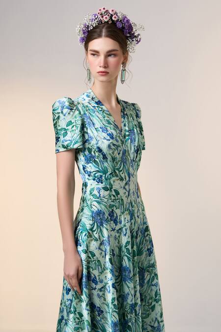 Dania Siddiqui Blue Satin Embroidery V-neck Ruqa Floral Print Dress Online at Aza Fashions Dania Siddiqui_Blue Satin Embroidery V-neck Ruqa Floral Print Dress _Online_at_Aza_Fashions