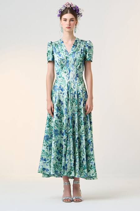 Buy Dania Siddiqui Blue Satin Embroidery V-neck Ruqa Floral Print Dress Online at Aza Fashions Buy_Dania Siddiqui_Blue Satin Embroidery V-neck Ruqa Floral Print Dress _Online_at_Aza_Fashions