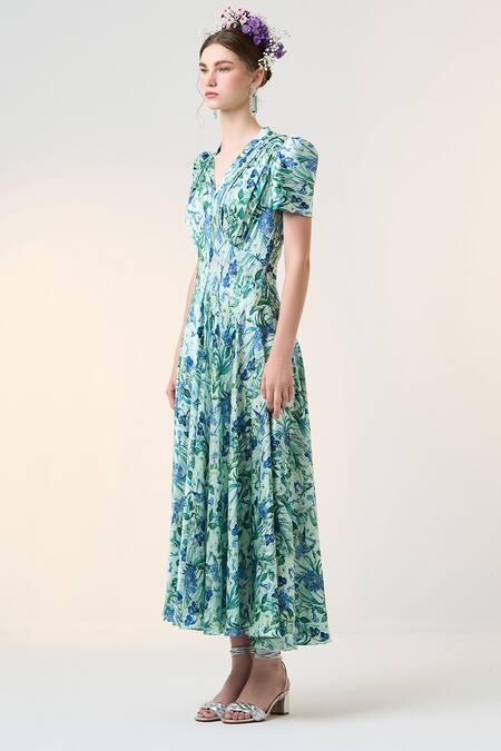 Shop Dania Siddiqui Blue Satin Embroidery V-neck Ruqa Floral Print Dress Online at Aza Fashions Shop_Dania Siddiqui_Blue Satin Embroidery V-neck Ruqa Floral Print Dress _Online_at_Aza_Fashions