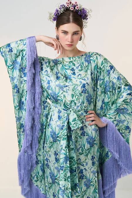 Dania Siddiqui_Blue Satin Fringe Boat Neck Chiyo Floral Print Kaftan _Online_at_Aza_Fashions