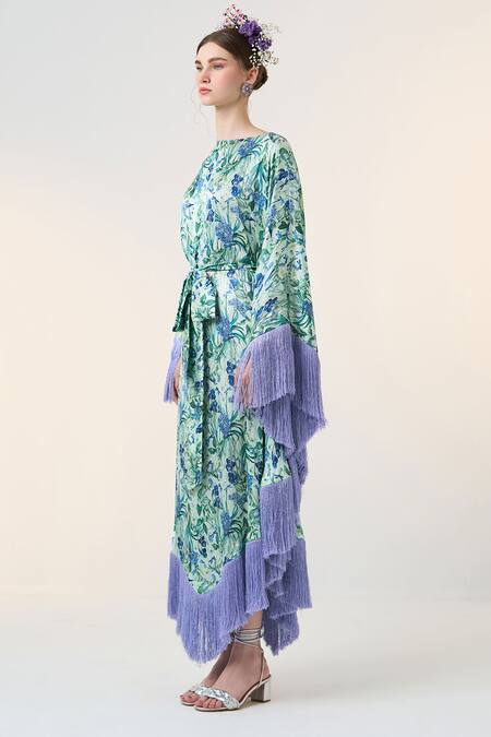 Buy_Dania Siddiqui_Blue Satin Fringe Boat Neck Chiyo Floral Print Kaftan _Online_at_Aza_Fashions