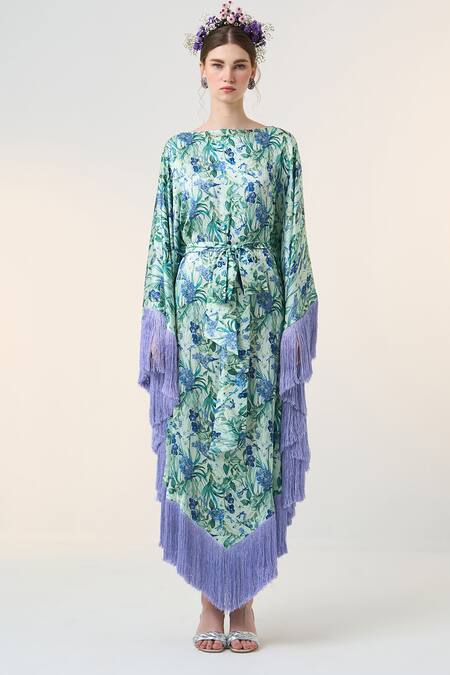 Shop_Dania Siddiqui_Blue Satin Fringe Boat Neck Chiyo Floral Print Kaftan _Online_at_Aza_Fashions
