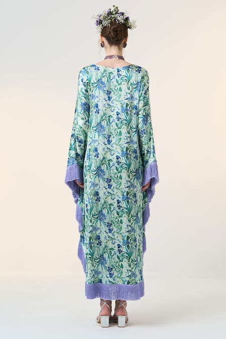 Shop Dania Siddiqui Blue Satin V-neck Ayami Floral Print Kaftan at Aza Fashions Shop_Dania Siddiqui_Blue Satin V-neck Ayami Floral Print Kaftan _at_Aza_Fashions