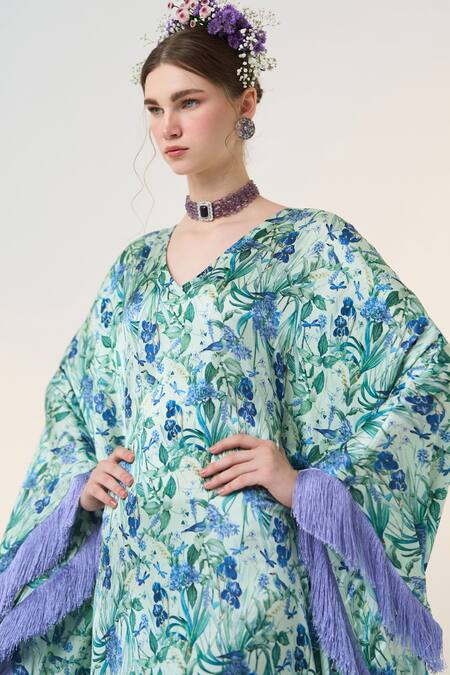 Dania Siddiqui Blue Satin V-neck Ayami Floral Print Kaftan Online at Aza Fashions Dania Siddiqui_Blue Satin V-neck Ayami Floral Print Kaftan _Online_at_Aza_Fashions