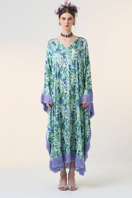 Buy Dania Siddiqui Blue Satin V-neck Ayami Floral Print Kaftan Online at Aza Fashions Buy_Dania Siddiqui_Blue Satin V-neck Ayami Floral Print Kaftan _Online_at_Aza_Fashions