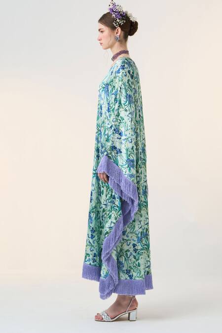 Shop Dania Siddiqui Blue Satin V-neck Ayami Floral Print Kaftan Online at Aza Fashions Shop_Dania Siddiqui_Blue Satin V-neck Ayami Floral Print Kaftan _Online_at_Aza_Fashions