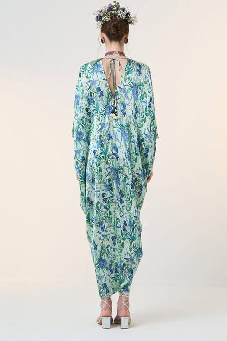 Shop Dania Siddiqui Blue Satin V-neck Sora Floral Bloom Print Kaftan at Aza Fashions Shop_Dania Siddiqui_Blue Satin V-neck Sora Floral Bloom Print Kaftan _at_Aza_Fashions