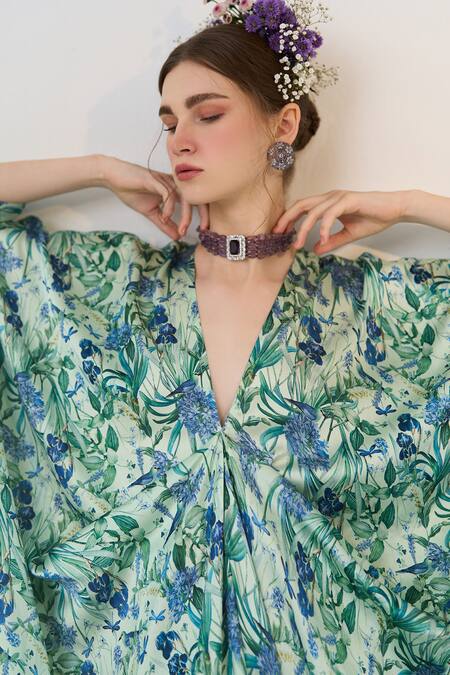 Dania Siddiqui Blue Satin V-neck Sora Floral Bloom Print Kaftan Online at Aza Fashions Dania Siddiqui_Blue Satin V-neck Sora Floral Bloom Print Kaftan _Online_at_Aza_Fashions