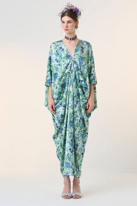 Buy Dania Siddiqui Blue Satin V-neck Sora Floral Bloom Print Kaftan Online at Aza Fashions Buy_Dania Siddiqui_Blue Satin V-neck Sora Floral Bloom Print Kaftan _Online_at_Aza_Fashions