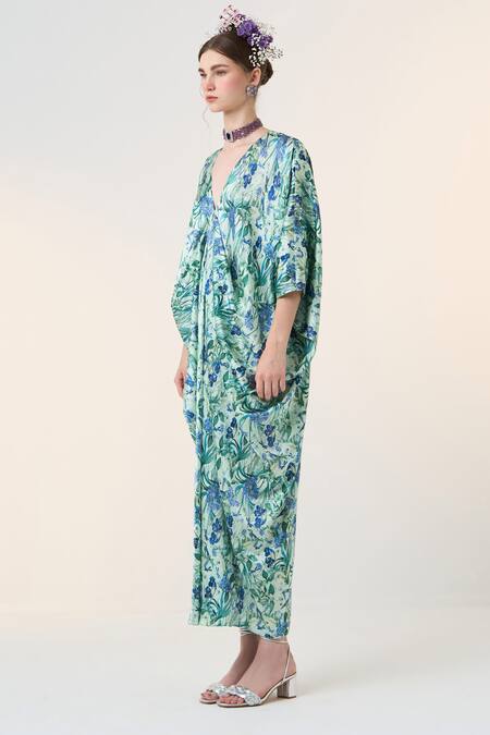 Shop Dania Siddiqui Blue Satin V-neck Sora Floral Bloom Print Kaftan Online at Aza Fashions Shop_Dania Siddiqui_Blue Satin V-neck Sora Floral Bloom Print Kaftan _Online_at_Aza_Fashions