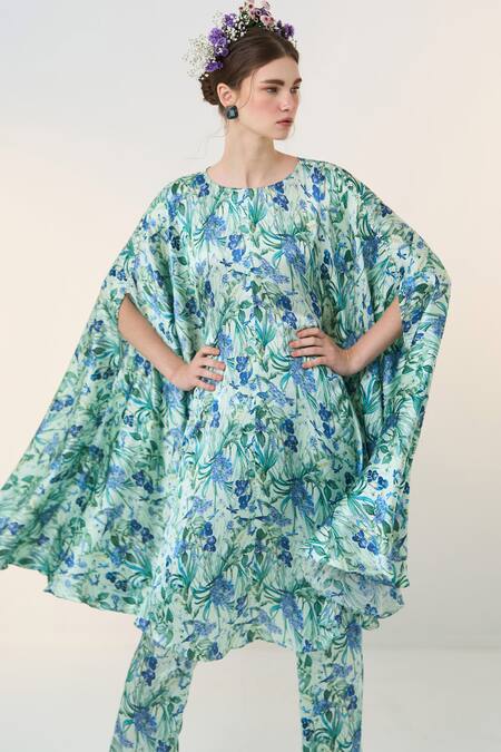 Dania Siddiqui_Grey Satin Embroidery Round Neck Emi Flower Vine Print Tunic _Online_at_Aza_Fashions