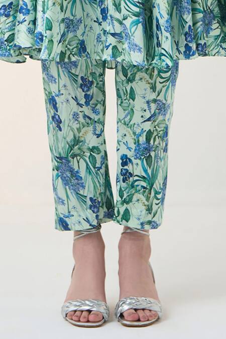 Dania Siddiqui_Grey Satin Emi Floral Print Pant _Online_at_Aza_Fashions