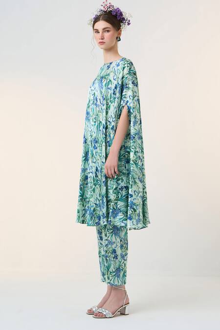 Shop_Dania Siddiqui_Grey Satin Emi Floral Print Pant _Online_at_Aza_Fashions