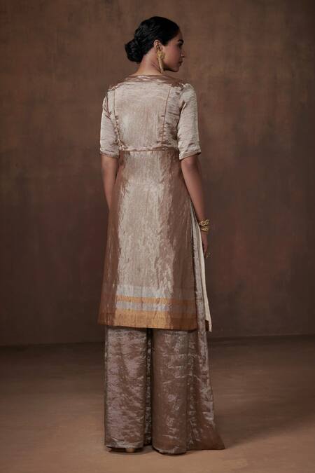 Buy_Dressfolk_Silver Tissue V-neck Stripe Kurta Set