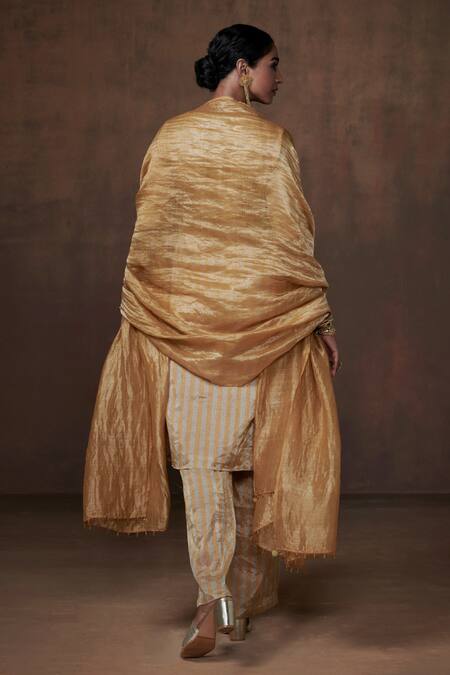 Shop_Dressfolk_Gold Tissue V-neck Woven Stripe Kurta Set_Online_at_Aza_Fashions